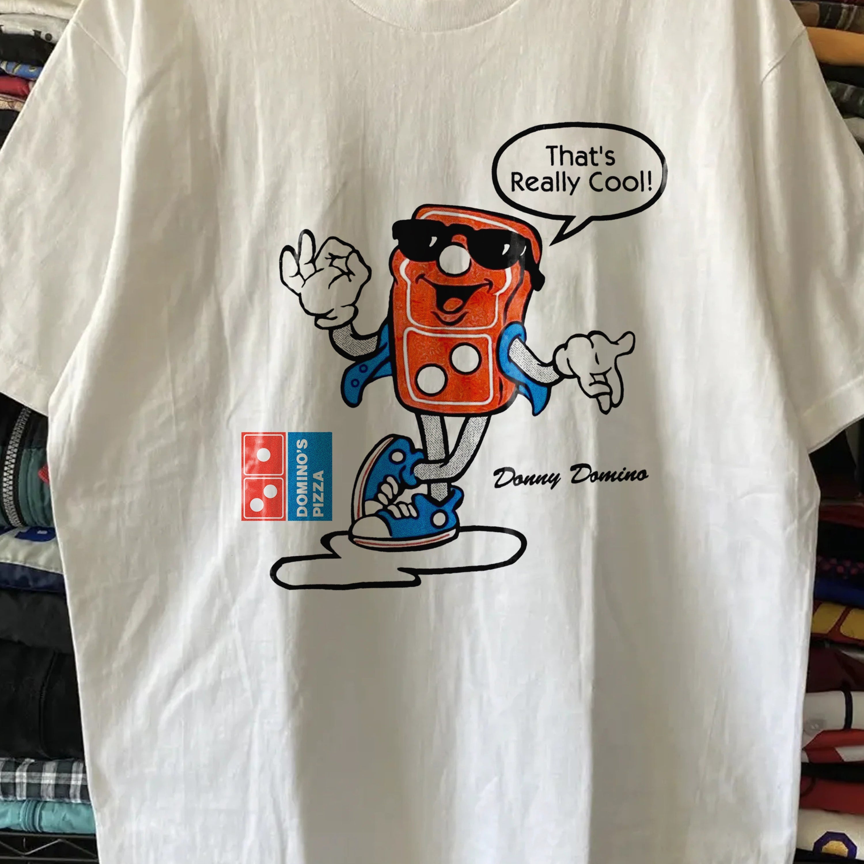 Vintage 1993 Donny Dominos Washed White Graphic Graphic T-Shirt