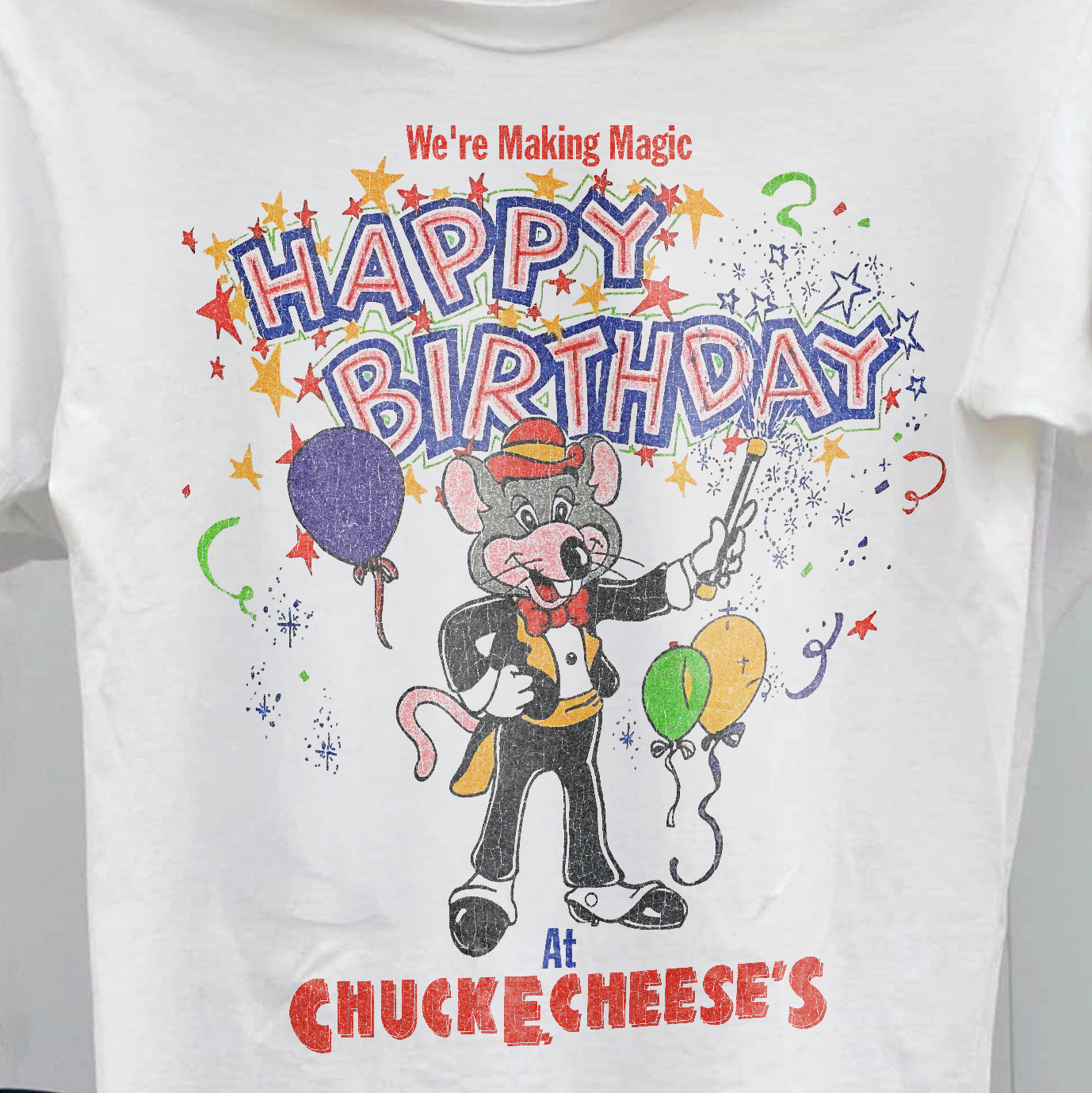 Vintage 90s Chuck-E-Cheese Birthday Celebration Grail Rare Washed White Graphic T-Shirt