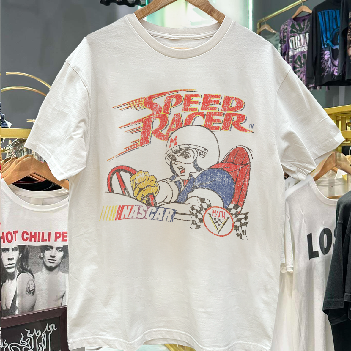 Vintage Speed Racer White Vintage Washe Graphic T-Shirt