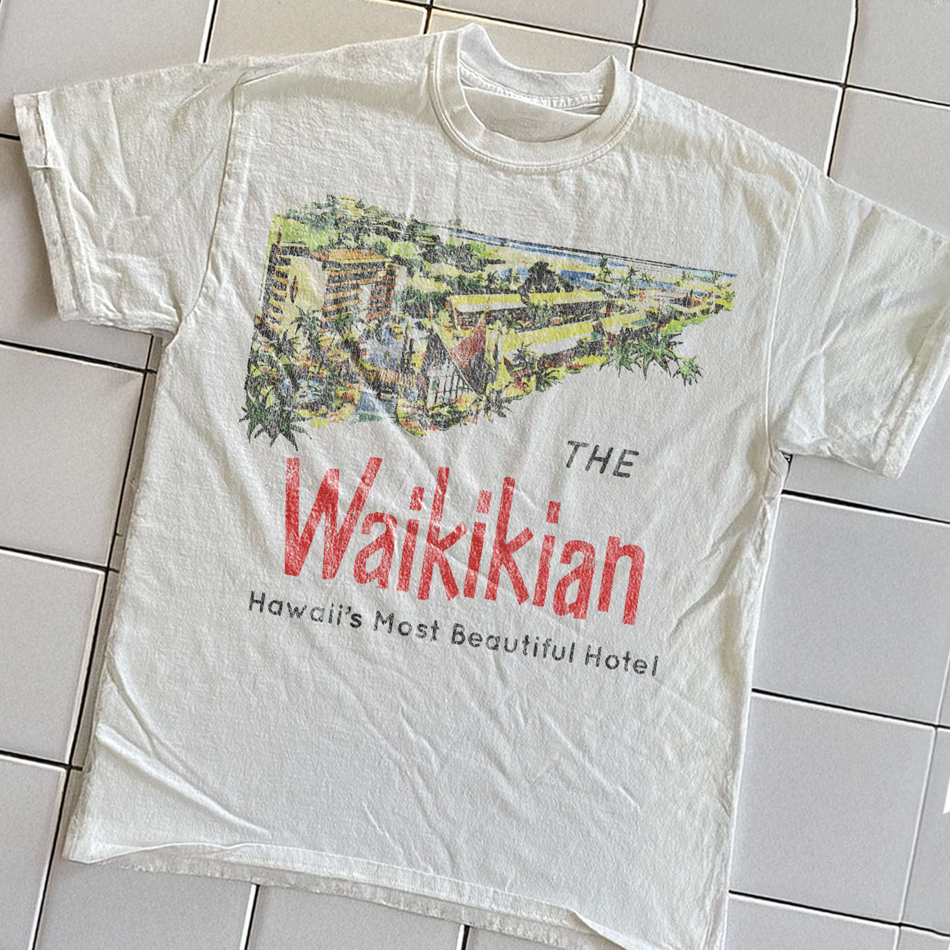 Vintage 90s The Waikikian Rare Washed White Graphic T-Shirt