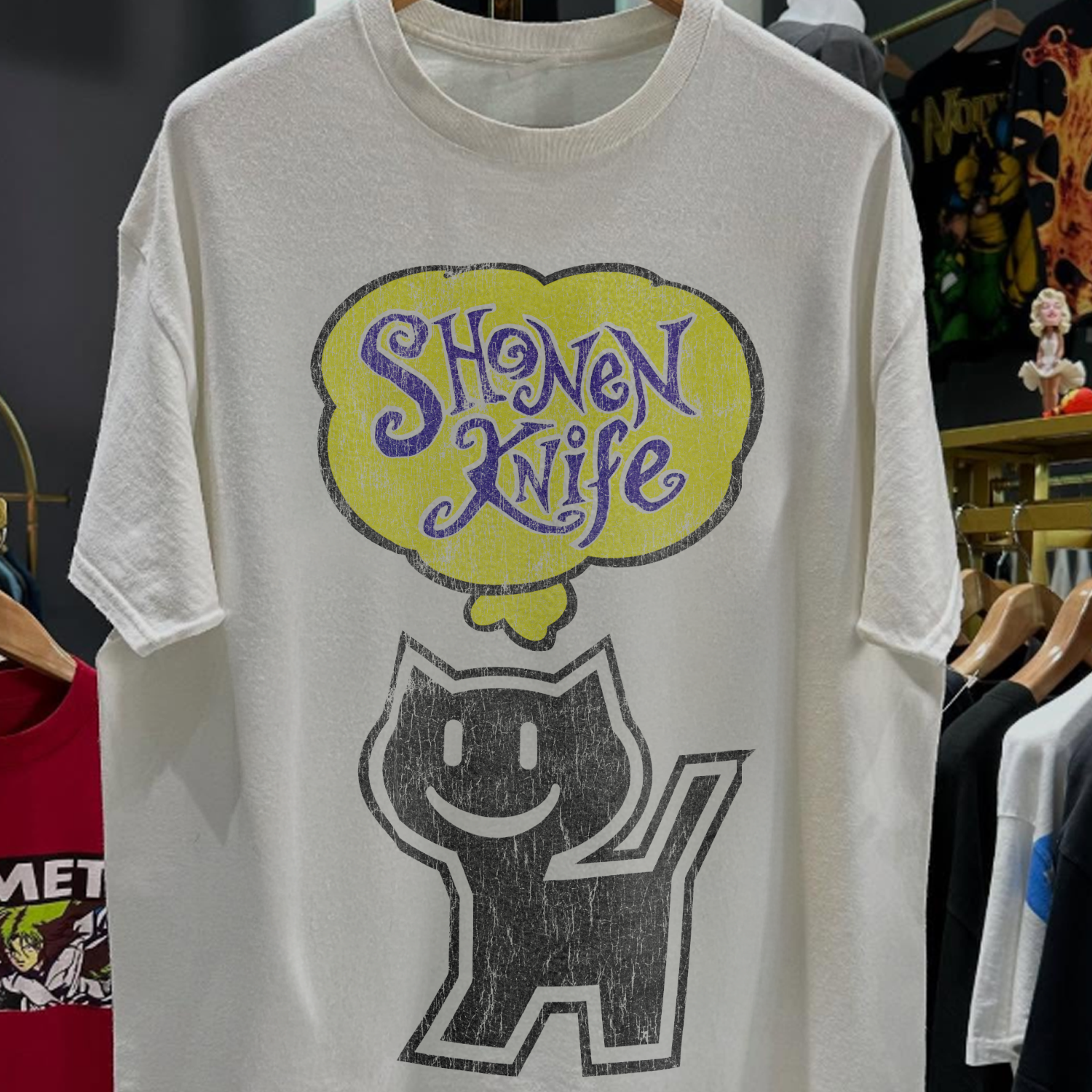 Vintage 90's Shonen Kitten Club 'Shonen Knife Cat Graphic Graphic T-Shirt' Rare Washed White Graphic T-Shirt