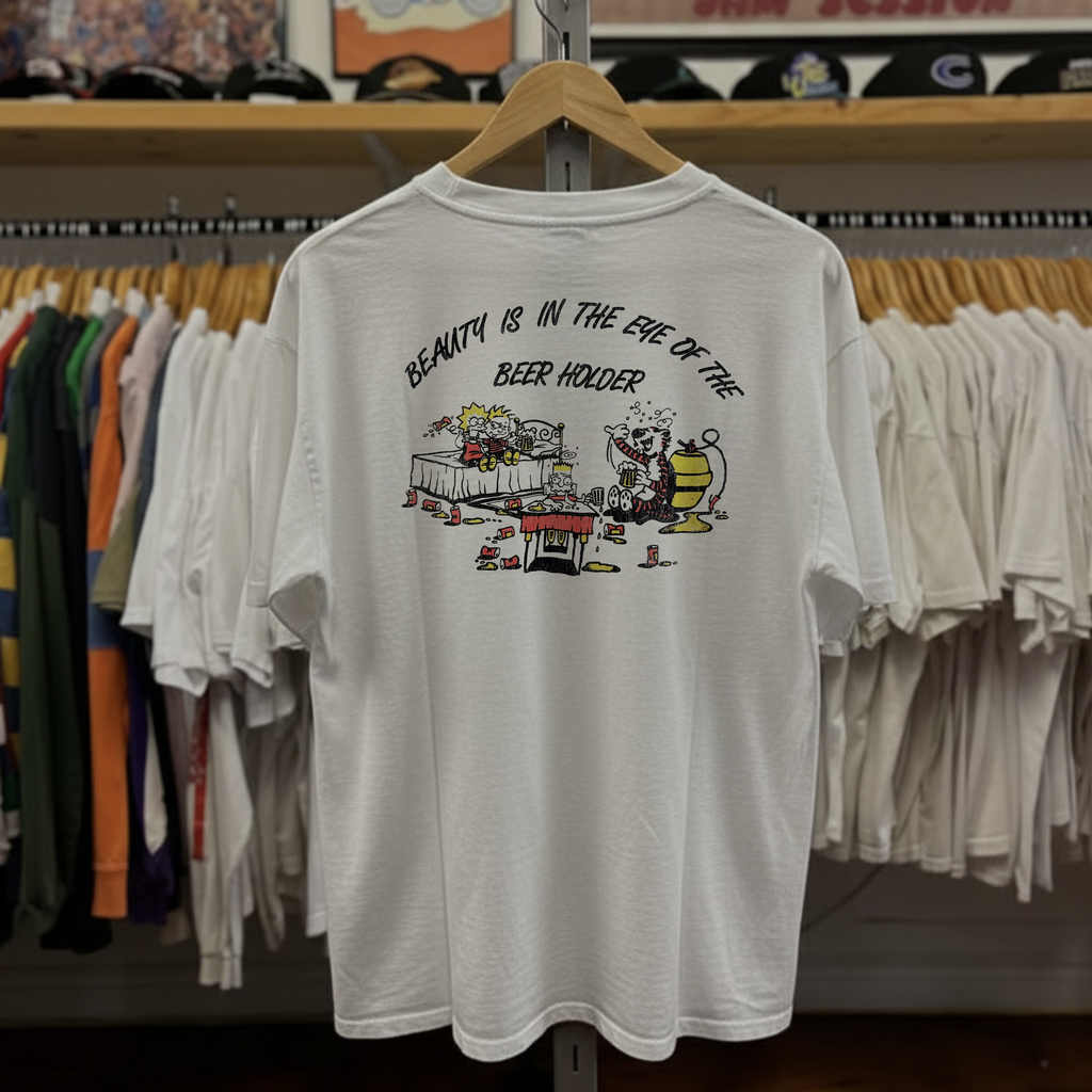 Vintage 90s Calvin & Hobbes Simpsons Beer Parody Washed White Graphic Graphic T-Shirt