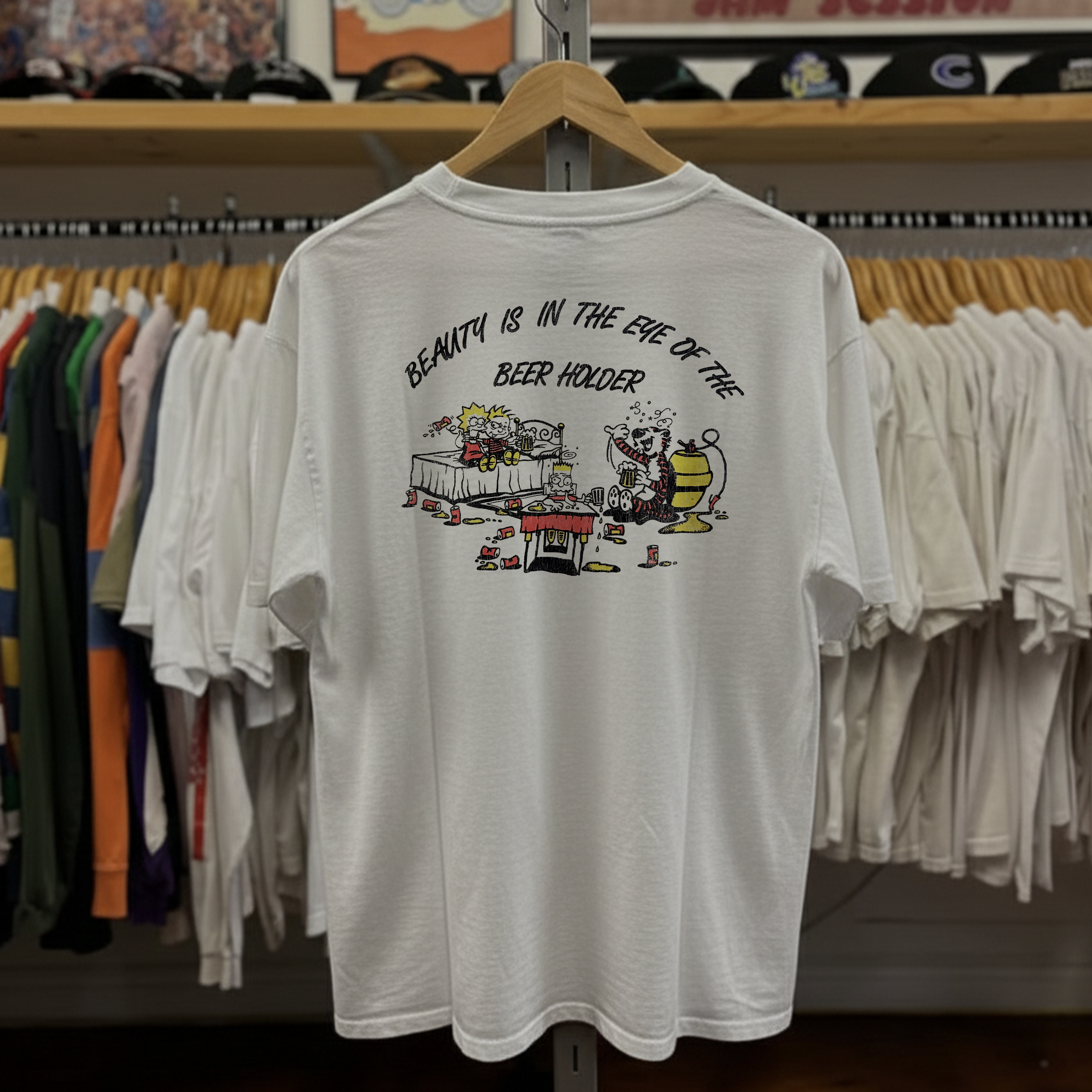 Vintage 90s Calvin & Hobbes Simpsons Beer Parody Washed White Graphic Graphic T-Shirt