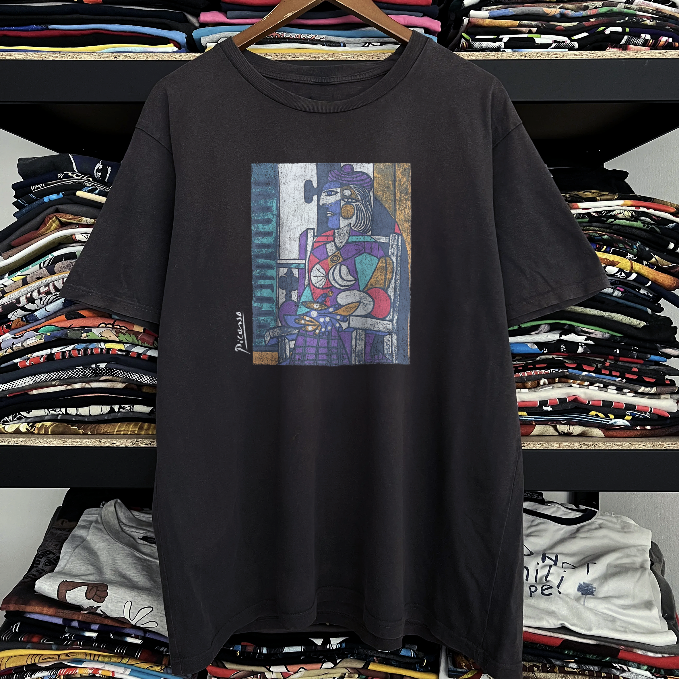 Vintage Picasso Woman Seated Before Window Washed Black Graphic Graphic T-Shirt