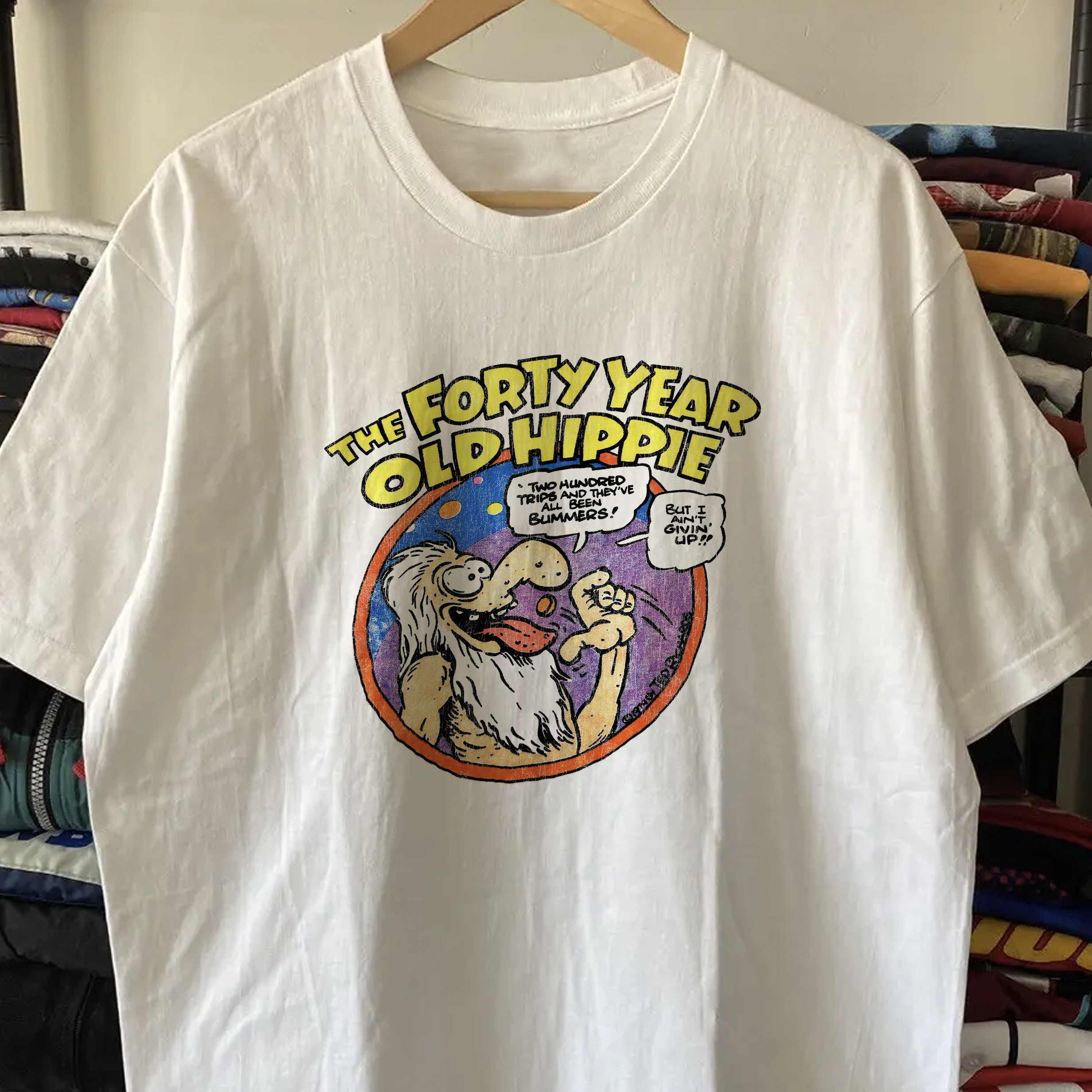 Vintage 70s Forty Year Old Hippie Washed White Graphic Graphic T-Shirt