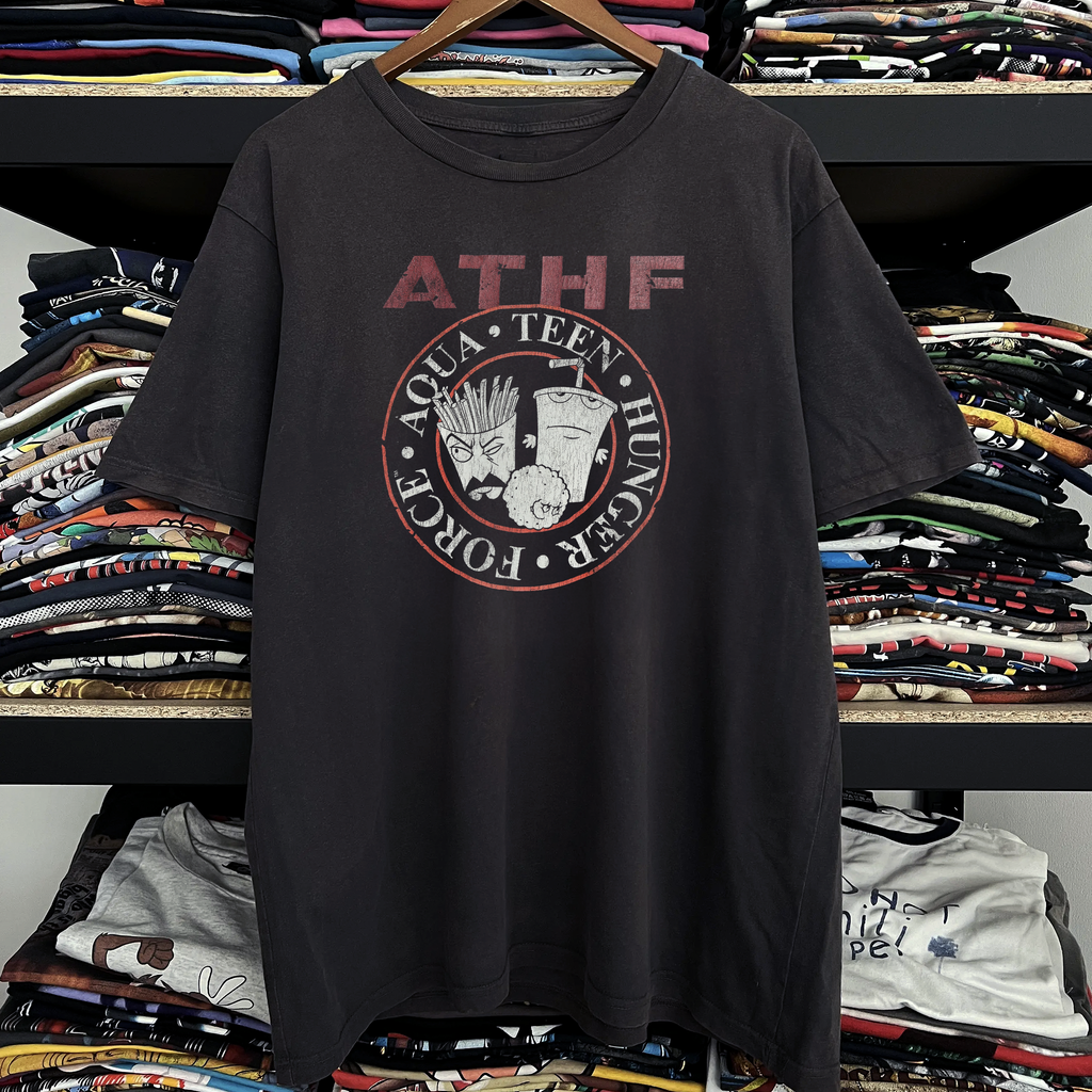 Vintage 2005 Aqua teen Hunger Force ATHF Washed Black Graphic Graphic T-Shirt