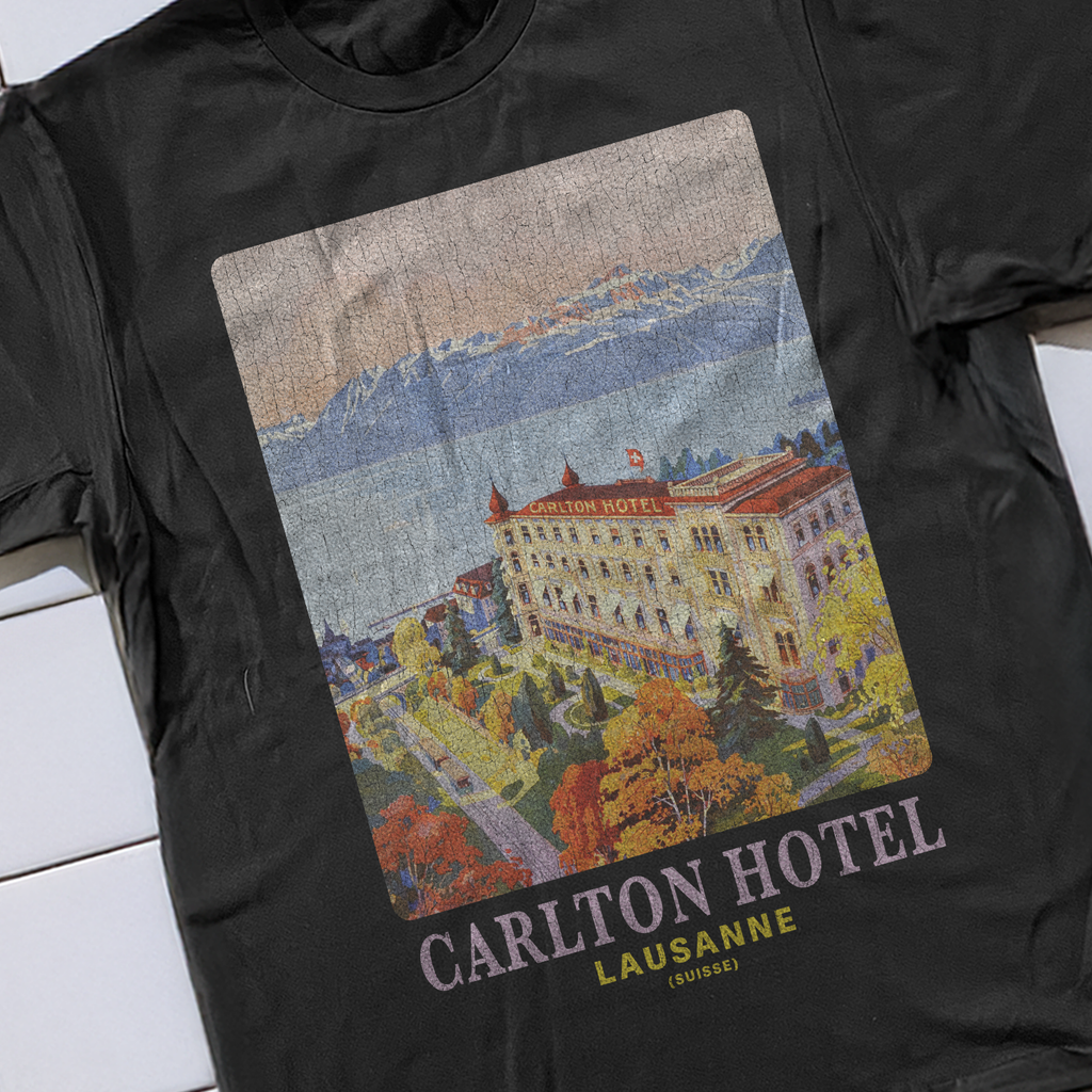 Vintage 90s Lausanne 'Carlton Hotel' Rare Washed Black Graphic T-Shirt