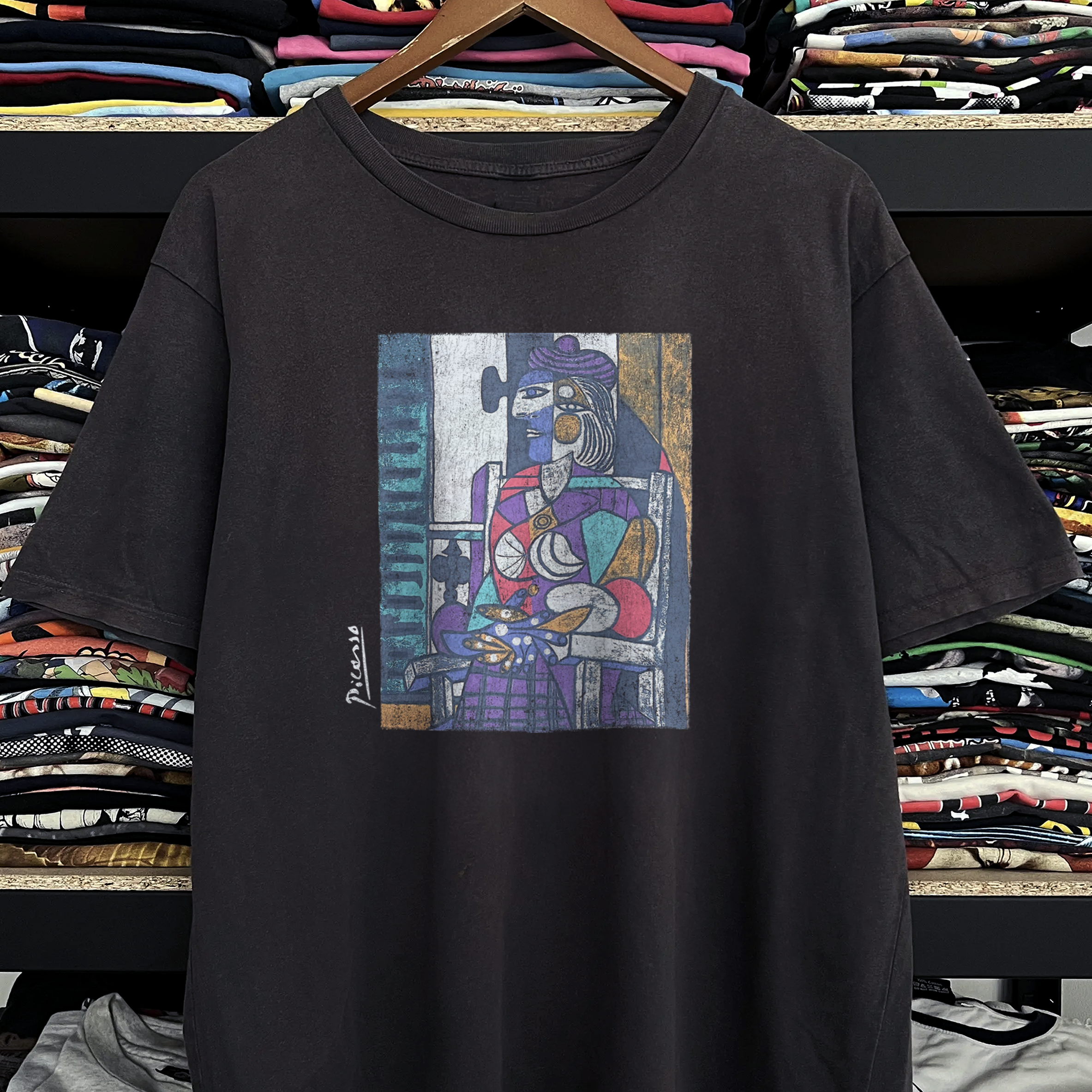 Vintage Picasso Woman Seated Before Window Washed Black Graphic Graphic T-Shirt