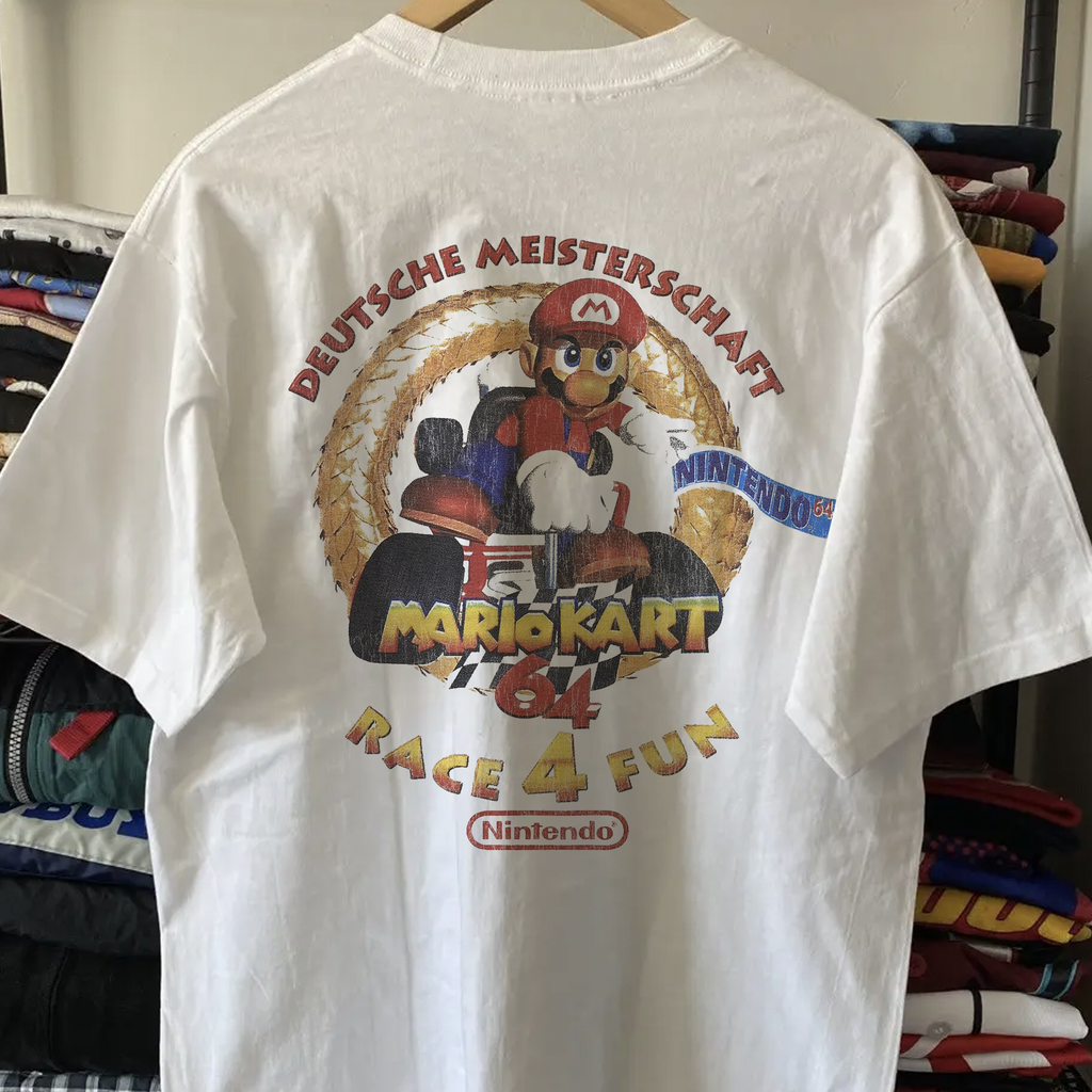 Vintage 90s German Mario Kart Winners Washed White Graphic Graphic T-Shirt