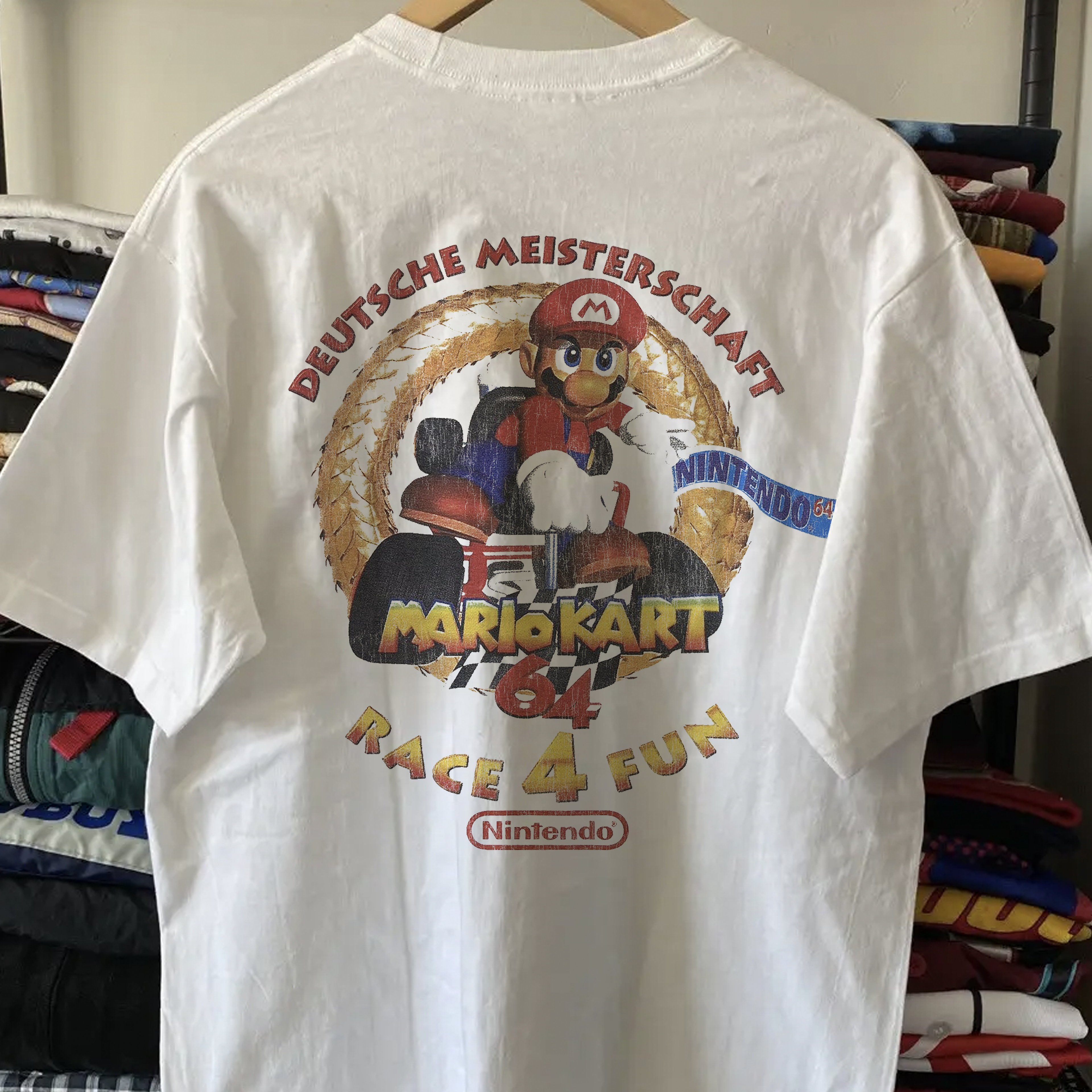 Vintage 90s German Mario Kart Winners Washed White Graphic Graphic T-Shirt