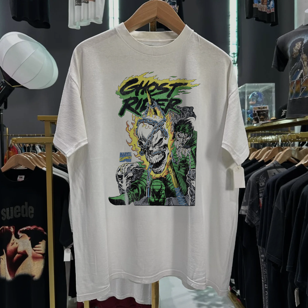 Vintage 90s Ghost Rider Graphic Graphic T-Shirt Washed White Graphic Graphic T-Shirt